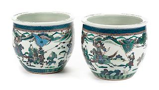 A Pair of Chinese Famille Verte Porcelain Jardinieres Height 12 x width 14 1/2 inches.