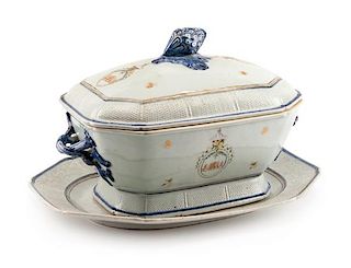 A Chinese Export Porcelain Armorial Covered Tureen on Stand Height 9 inches.