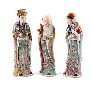 Three Chinese Enameled Porcelain Figures Height of tallest 19 inches.