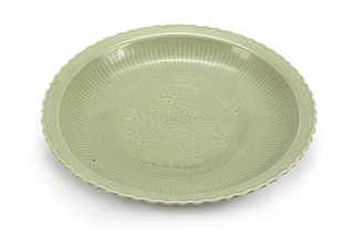 A Chinese Celadon Porcelain Charger Diameter 21 inches.