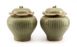 A Pair of Chinese Celadon Covered Vases Height 14 inches.