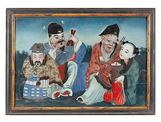 A Chinese Reverse Painted Mirror Height 20 x width 28 inches.