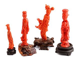 Four Chinese Carved Coral Figures Height of tallest 4 1/2 inches.