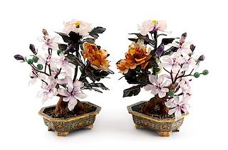 A Pair of Chinese Hardstone Floral Arrangements Height 11 inches.