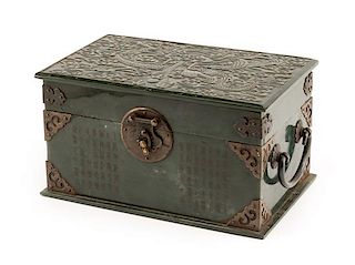 A Chinese Carved Spinach Jade Box Height 5 x width 8 1/2 x depth 5 1/2 inches.
