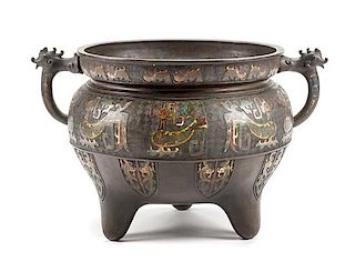 A Chinese Enameled Bronze Censer Height 16 x diameter 26 inches.