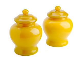 A Pair of Chinese Yellow Peking Glass Covered Jars Height 8 1/2 inches.