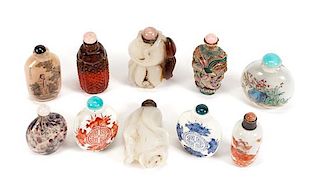 Ten Chinese Snuff Bottles Height of tallest 3 1/2 inches.