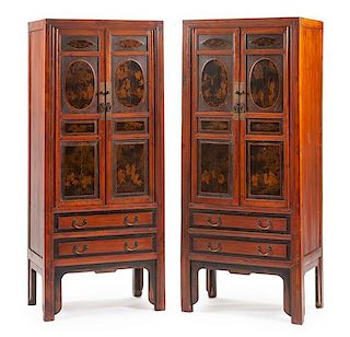 A Pair of Chinese Lacquered Cabinets Height 68 x width 29 x depth 18 1/2 inches.
