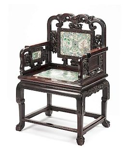 A Chinese Porcelain Inset Hardwood Armchair Height 39 inches.