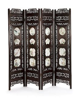 A Chinese Porcelain Inset Four-Panel Screen Height 72 x width of each panel 18 inches.