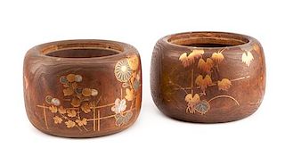 A Pair of Japanese Metal Inlaid Wood Jardinieres Height 8 x width 12 inches.