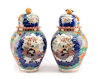 A Pair of Japanese Kutani Porcelain Covered Jars Height 18 inches.