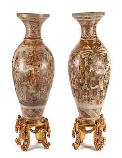 A Large Pair of Japanese Satsuma Porcelain Vases Height 57 1/2 inches.