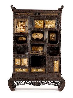 A Japanese Inlaid Lacquered Cabinet on Stand Height 82 x width 54 1/2 x depth 14 inches.