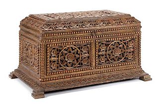 A Southeast Asian Carved Chest Height 29 x width 53 1/2 x depth 33 inches.