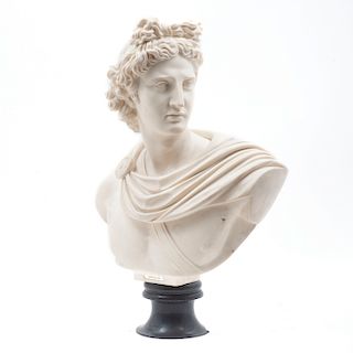 Busto de Apolo. Siglo XX. Elaborado en pasta y resina. Firmado. A. Giovalli ? Con base circular.