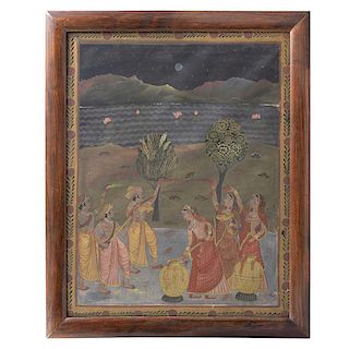 Escena con fiesta Holi. India, siglo XX. AcrÌ_lico sobre tela. Enmarcada. 105 x 82 cm.