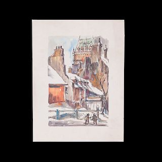 Vista de calle invernal (Rue St. Denis) Siglo XX. Acuarela con tinta. Firmado y fechado 61. Sin enmarcar.