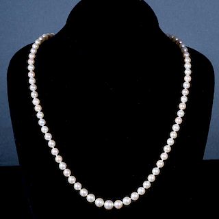 Collar de un hilo. Elaborado con perlas cultivadas de 5 mm. Broche plata paladio. Peso: 28.8g.