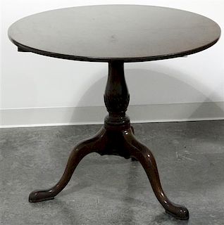 An English Mahogany Tilt-Top Tea Table, Height 27 1/2 x diameter 32 inches.