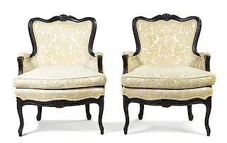 A Pair of Louis XV Style Bergeres, Height 34 1/4 inches.