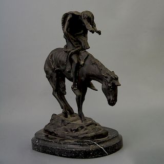 LOTE SIN RESERVA Firma ilegible. Jinete y caballo moribundos Elaborada en bronce. Con base de mÌÁrmol negro jaspeado.