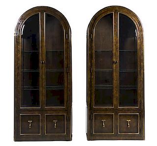 A Pair of Mastercraft Burl Veneer and Brass Mounted Vitrine Cabinets, Height 85 1/2 x width 36 1/4 x depth 16 1/4 inches.