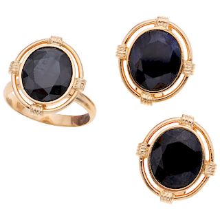 A sapphire 14K yellow gold ring and pair of earrings set.
