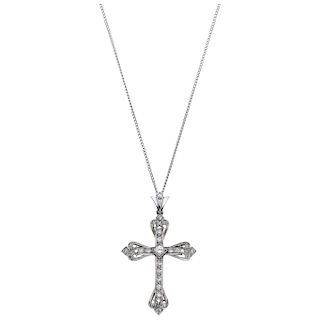 A silver palladium choker and diamond 14K white gold cross pendant.