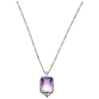 A 14K white gold necklace, and amethyst and diamond pendant.