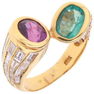 An emerald, ruby and diamond 18K yellow gold ring.