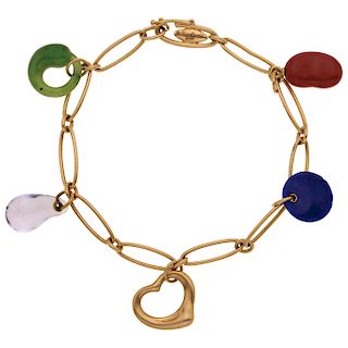 TIFFANY & CO., ELSA PERETTI OPEN HEART jade, quartz, lapis lazuli and aventurine 18K yellow gold bracelet.