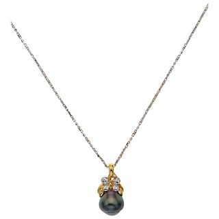 A 14K white gold necklace, and cultured pearl and diamond yellow and white gold pendant.