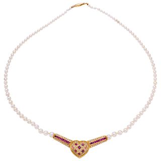 A cultured pearl, ruby and diamond 18K yellow gold choker.