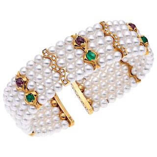 A cultured pearl, ruby, emerald and diamond 18K yellow gold cuff bracelet.