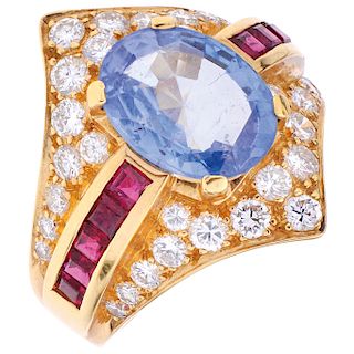 A sapphire, ruby and diamond 18K yellow gold ring.