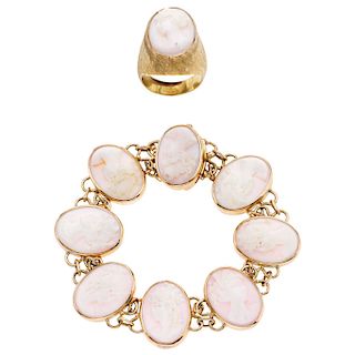 A cameo 14K yellow gold bracelet and ring set.