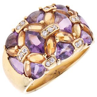 An amethyst, citrine and diamond 18K yellow gold ring.