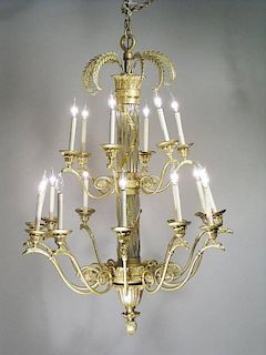 A Federal Style Brass and Glass Chandelier with Eagle and Acanthus Leaf Motif Throughout.