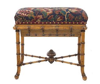 A Victorian Faux Bamboo Piano Bench, Height 19 x width 20 x depth 11 inches.