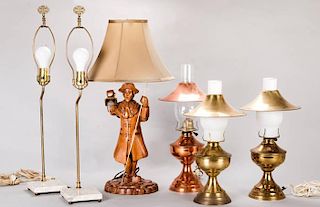 A Collection of Six Metal, Marble and Wood Decorative Lamps, 20th Century,