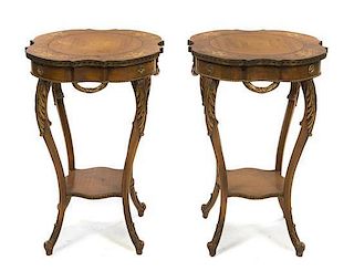 A Pair of Louis XV Style Marquetry Occasional Tables, Height 29 1/2 x diameter 21 inches.