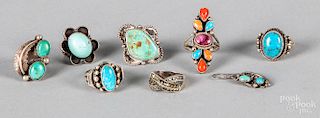 Six Navajo silver and turquoise rings, etc.