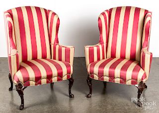 Pair of Queen Anne style mahogany wing chairs