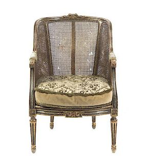A Louis XVI Style Painted Caned Bergere, Height 39 1/2 inches.