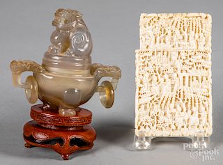 Chinese carved agate censer, etc.