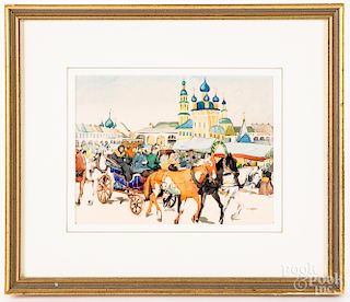 Russian watercolor city square scene