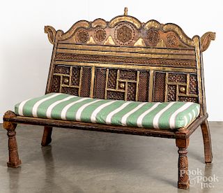 Indian carved and brass mounted bench