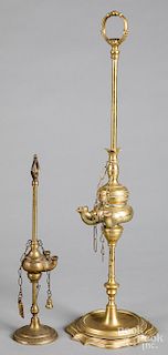 Two brass fat lamps